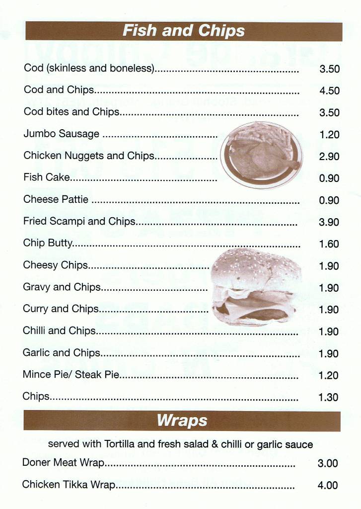 Grange Chippy Takeaway in Morpeth Northumberland, selling pizza's, burgers, kebabs and Fish & Chips, Take-away Menu
