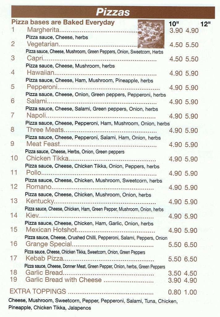 Grange Chippy Takeaway in Morpeth Northumberland, selling pizza's, burgers, kebabs and Fish & Chips, Take-away Menu