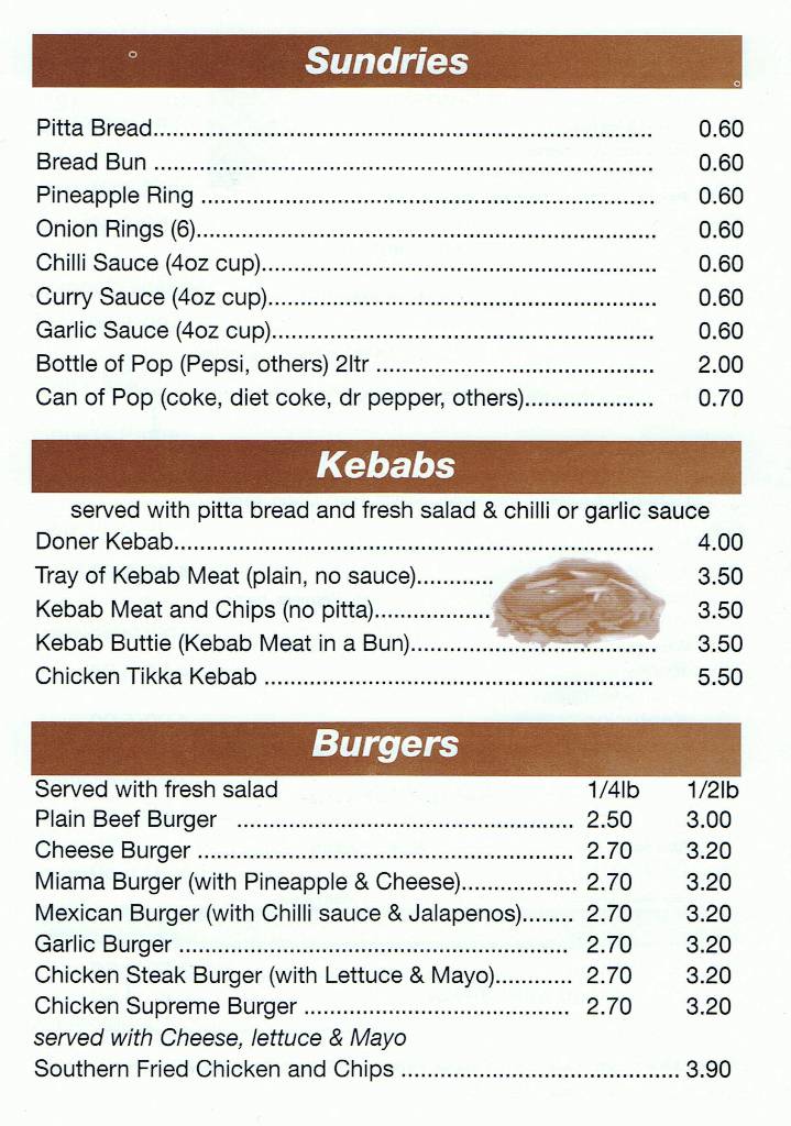 Grange Chippy Takeaway in Morpeth Northumberland, selling pizza's, burgers, kebabs and Fish & Chips, Take-away Menu