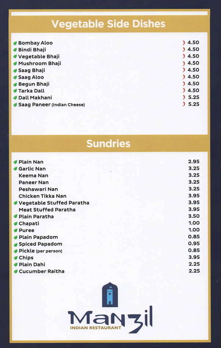 Manzil Tandoori Restaurant in Morpeth, Indian Restaurant & Takeaway Menu
